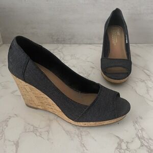 TOMS Stella Peep-Toe Wedge Sandals Sz 5 Dark Gray Denim Cork High Heel